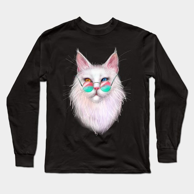 White Maine Coon Cat with Different-Colored Eyes Long Sleeve T-Shirt by meridiem